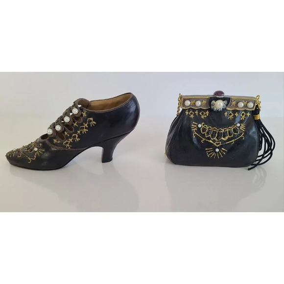Vintage Miniature Nostalgia Decorative Handbag & Shoe Black & Gold, Knick Knack - Picture 2 of 5